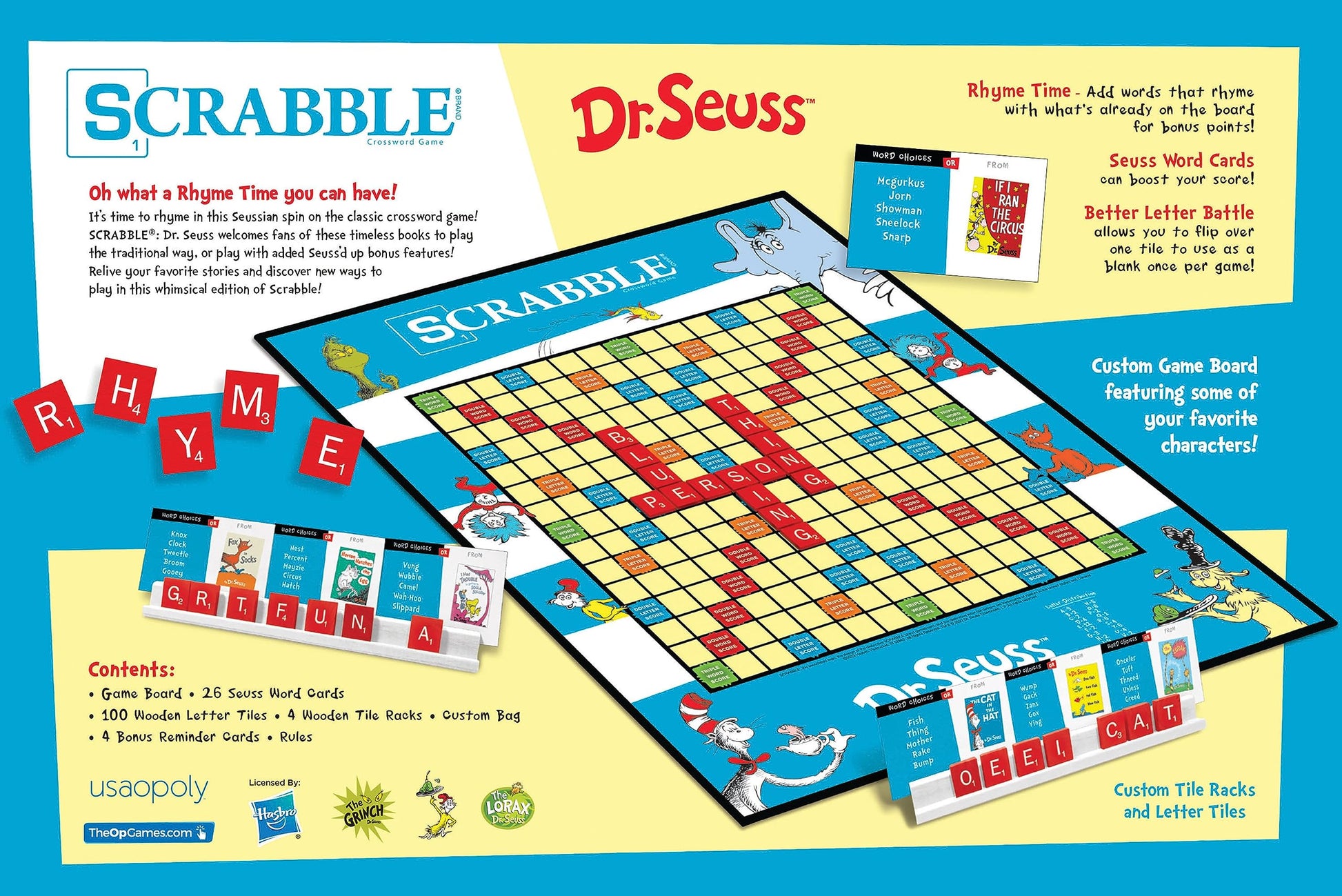 Scrabble Dr. Seuss Board Game | Official Scrabble Game with a Rhyming Twist | Custom Dr. Seuss Cards and Themed Scrabble Board | Bonus Points | Play