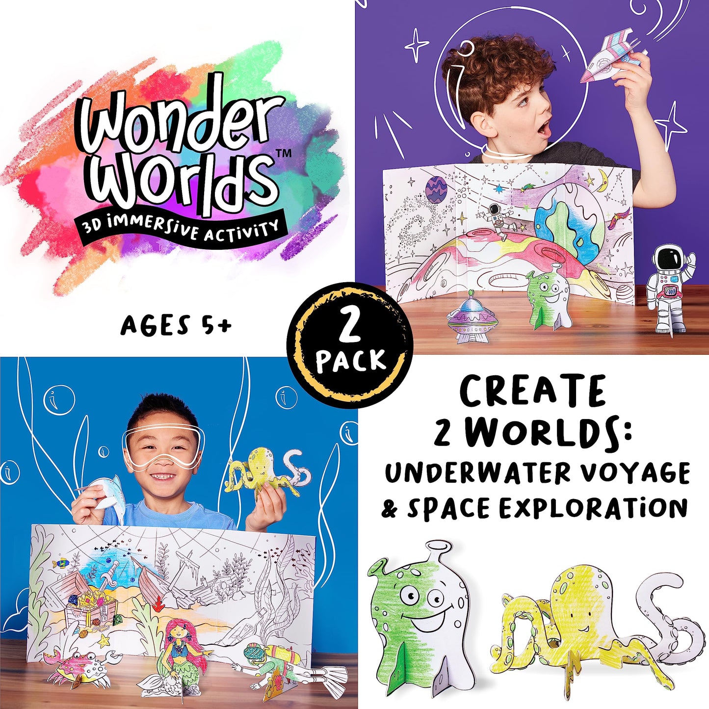 Creativity for Kids Wonder Worlds 3D Coloring Craft Kit 2 Pack: Outer Space and Underwater Voyage - Gifts for Boys and Girls (Ages 5+)
