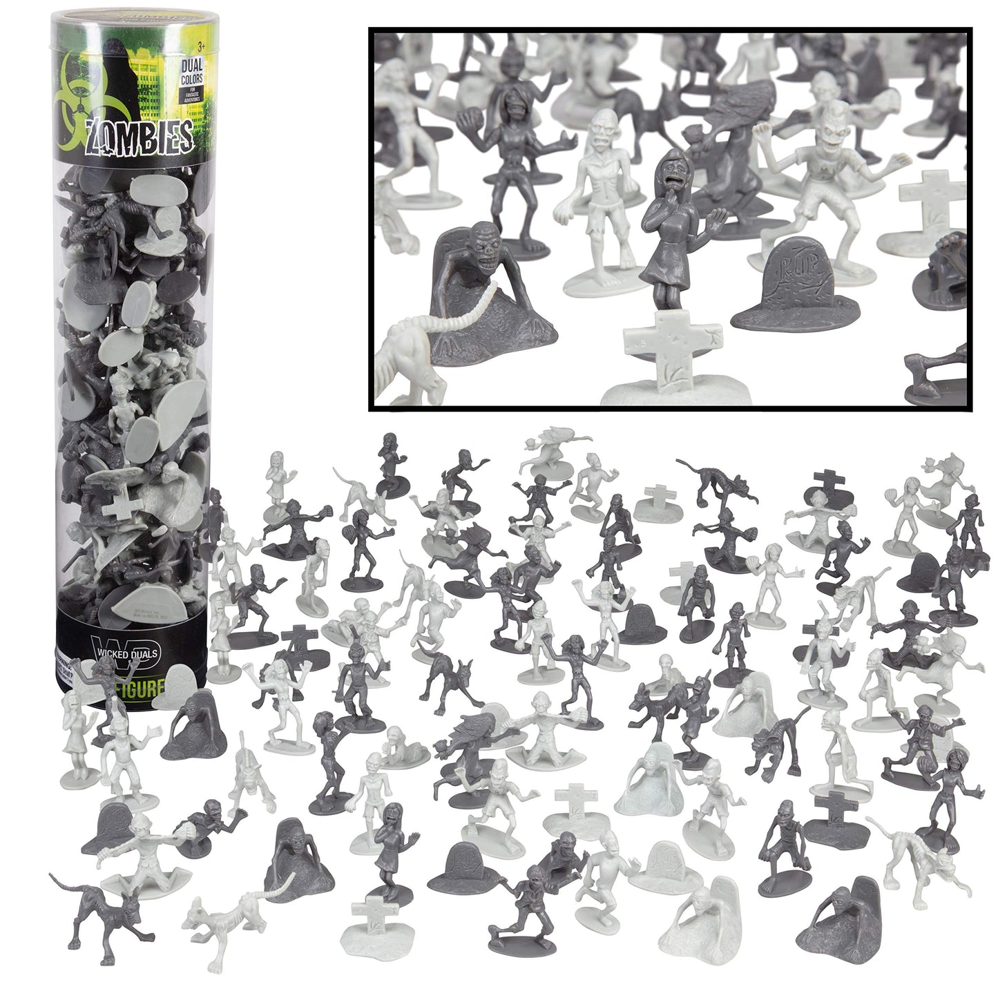 Zombie Action Figures- Big Bucket of 100 Zombies w 14 Unique Sculpts- Zombies, Pets, Graves & Humans for Playtime, Decoration, Party Favors & Birthday