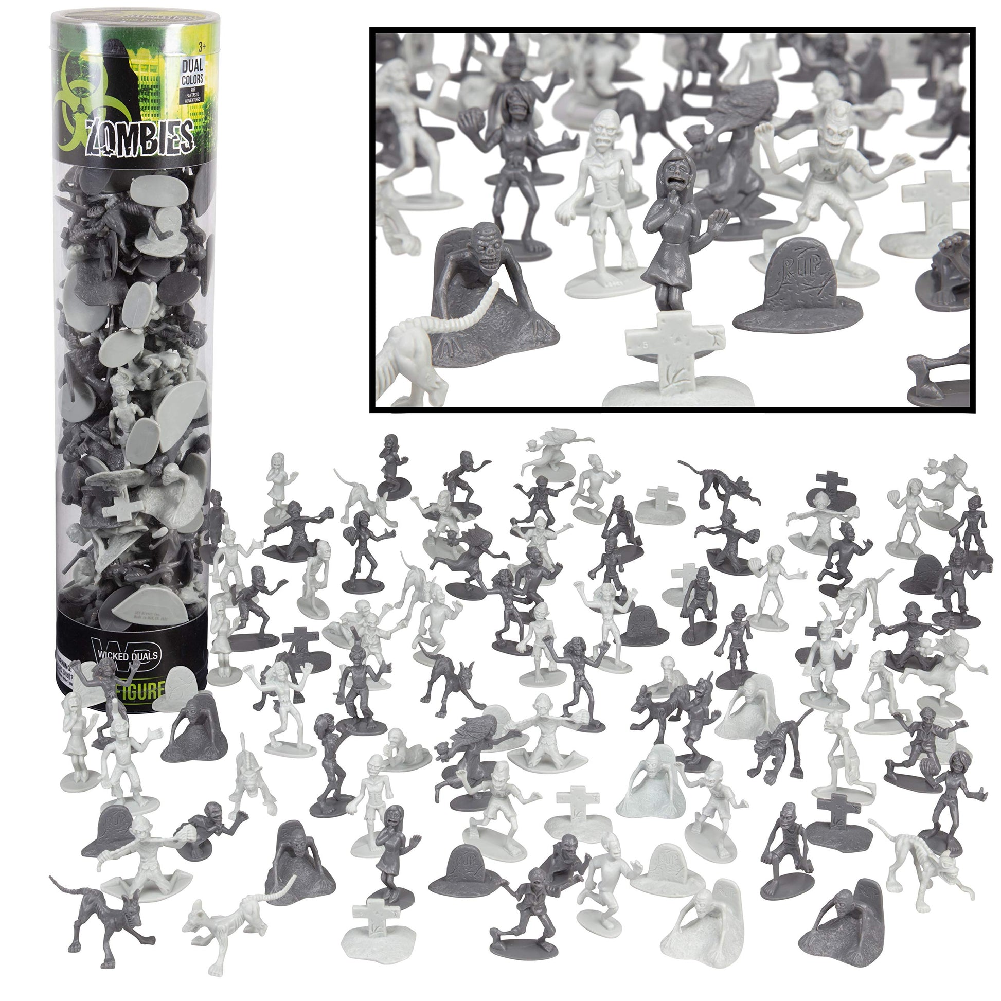 Zombie Action Figures- Big Bucket of 100 Zombies w 14 Unique Sculpts- Zombies, Pets, Graves & Humans for Playtime, Decoration, Party Favors & Birthday