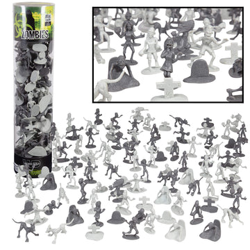 Zombie Action Figures- Big Bucket of 100 Zombies w 14 Unique Sculpts- Zombies, Pets, Graves & Humans for Playtime, Decoration, Party Favors & Birthday