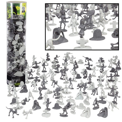 Zombie Action Figures- Big Bucket of 100 Zombies w 14 Unique Sculpts- Zombies, Pets, Graves & Humans for Playtime, Decoration, Party Favors & Birthday