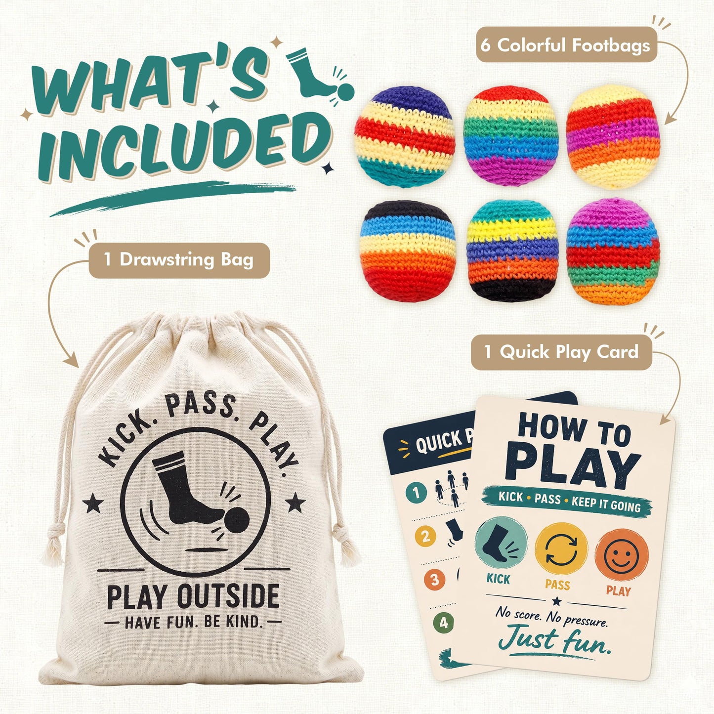 CLYAIDET 6 Pack Handmade Knitted Footbags with Drawstring Bag Play