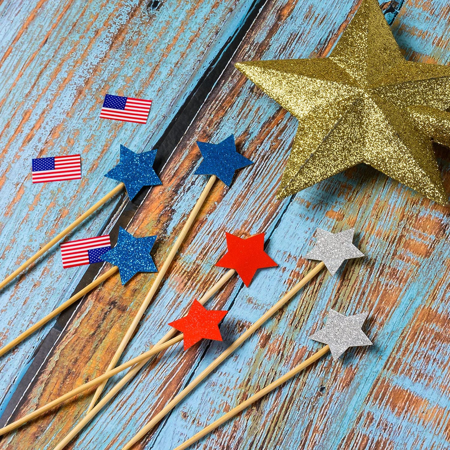 36 Pieces Glitter Star 4th of July Cupcake Toppers Glitter Gold Star Cakes Toppers for Independence Day 4th of July Party Supplies Favors(Blue Red