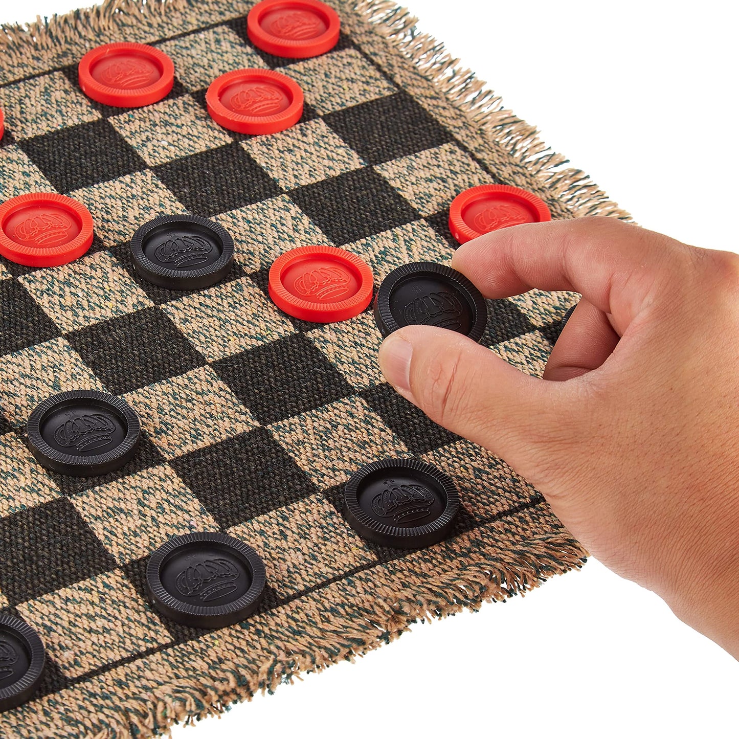 3-in-1 Mini Checkers Rug + Classic & Mega Tic Tac Toe - Portable Compact 12" x 12" Reversible Checkerboard Rug - Travel, Parties, Games on The Go