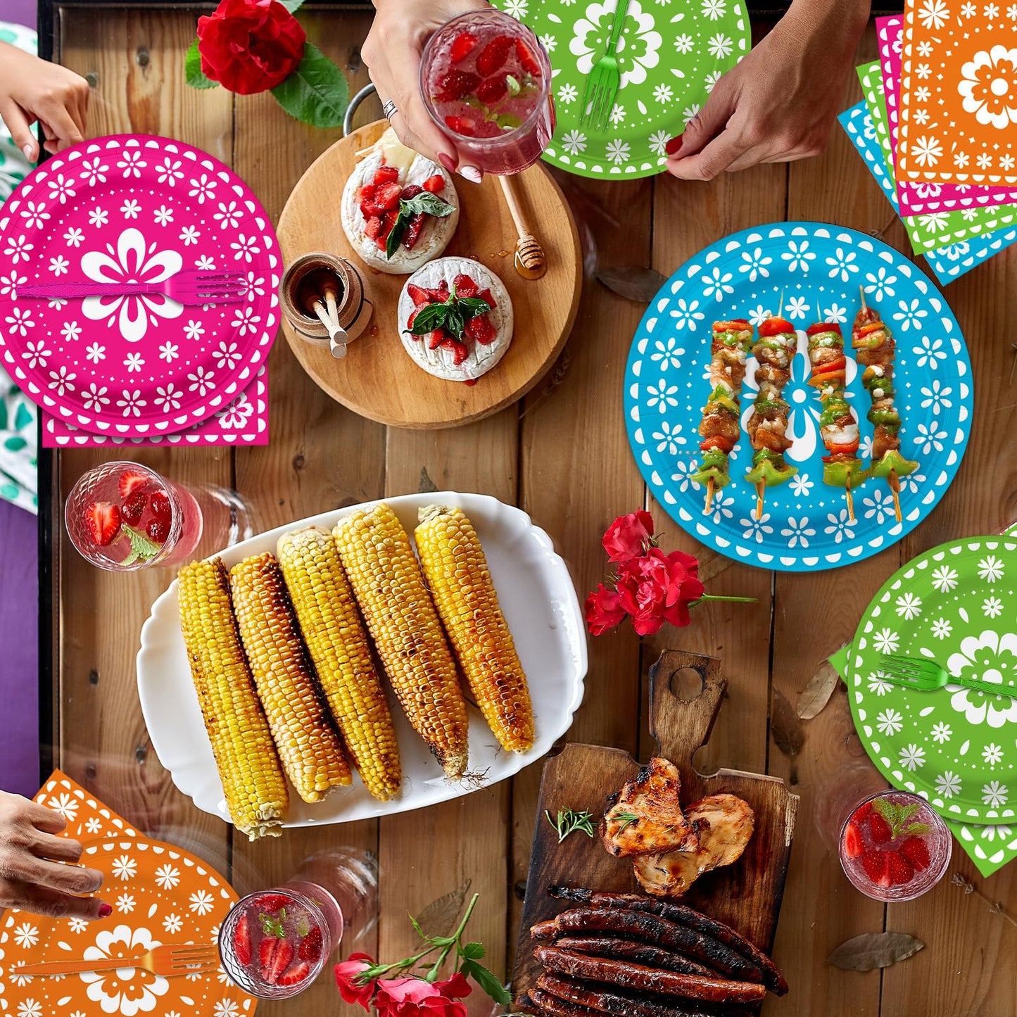 96 Pcs Mexican Fiesta Party Supplies Set, Serves 24 - Colorful Papel Picado Floral Paper Plates, Napkins, and Forks, Disposable Tableware for Cinco de
