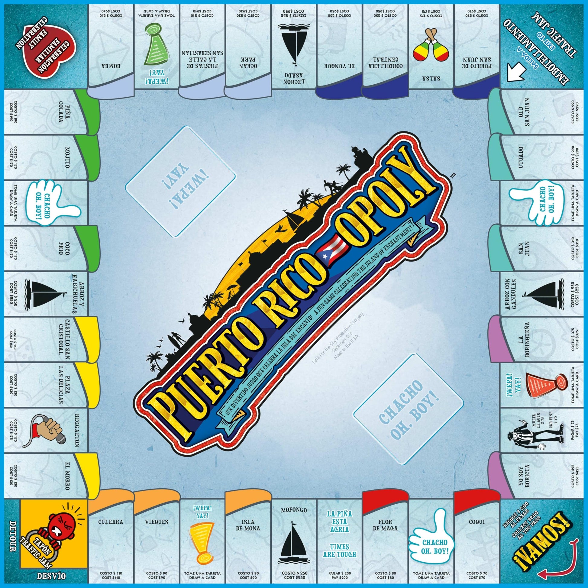 Late for The Sky Puerto RICO-OPOLY Bilingual Board Game, Puerto Rican Culture for Ages 8+, 2-6 Players, Collectible Tokens, Property Trading Fun