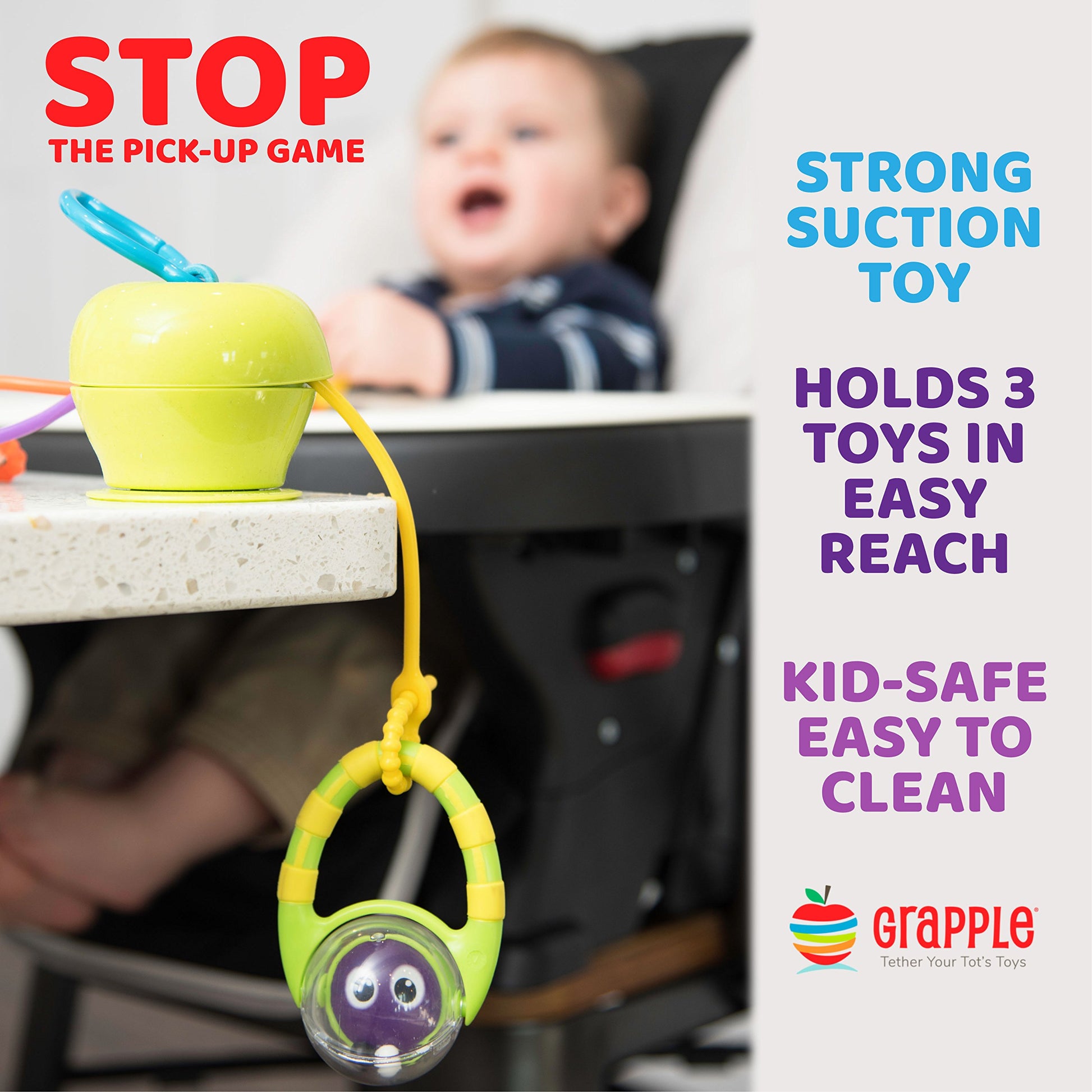 Grapple, the Baby Suction Cup Toy Holder for High Chair, Stroller and Teething Toys for Babies 6-12 Months. One of Your Baby Must Haves!