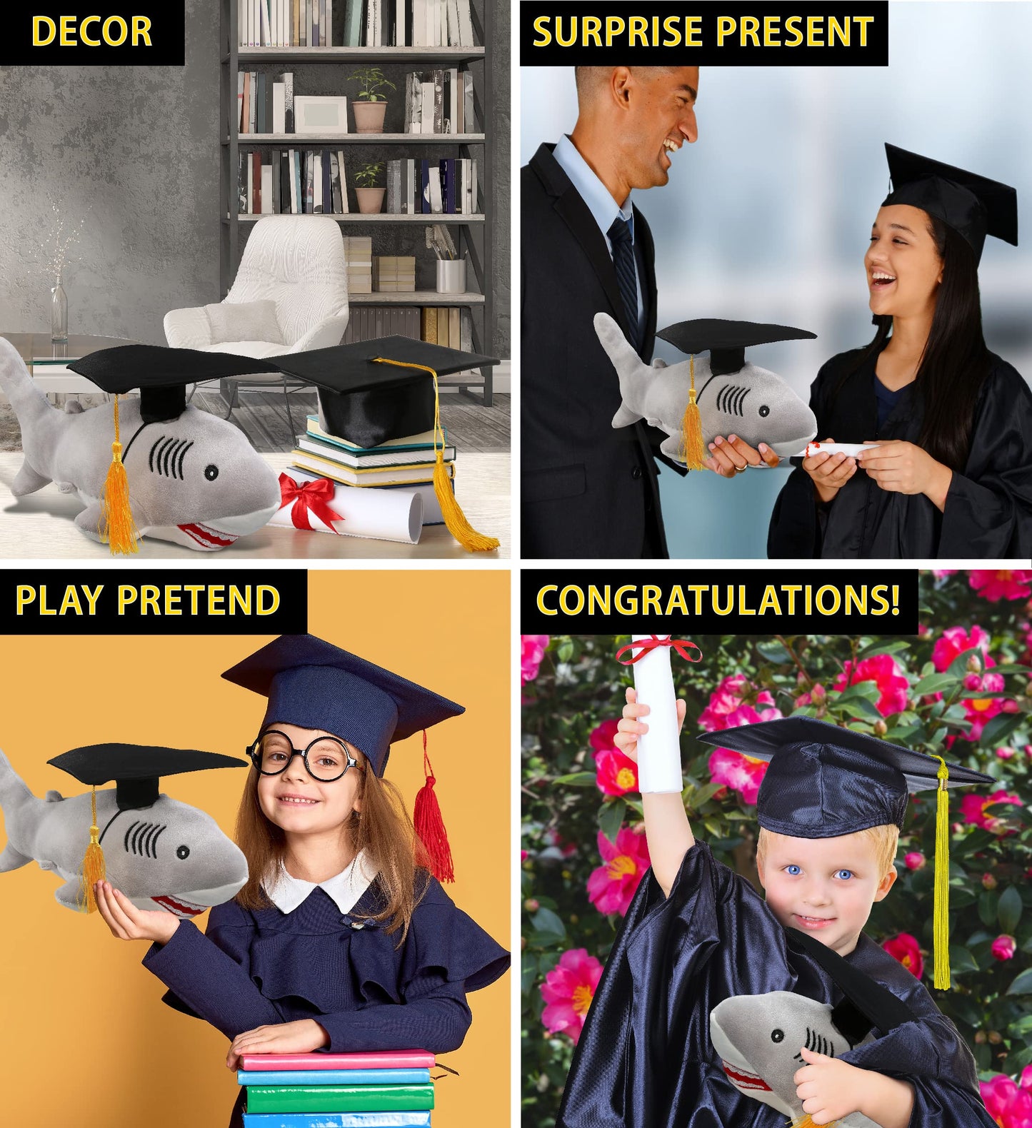 DolliBu Gray Shark Graduation Plush Toy - Baby Soft Plush Graduation Stuffed Animal Dress Up with Graduation Cap with Tassel Outfit - Gift