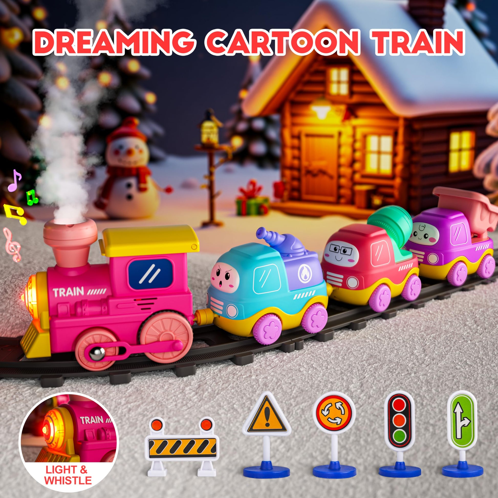 Funwee Steam Track Train Set for Toddlers, Magnetic Connection Train Toys w/Lights & Sounds, Electric Cartoon Choo Choo Train, Toy Train Christmas