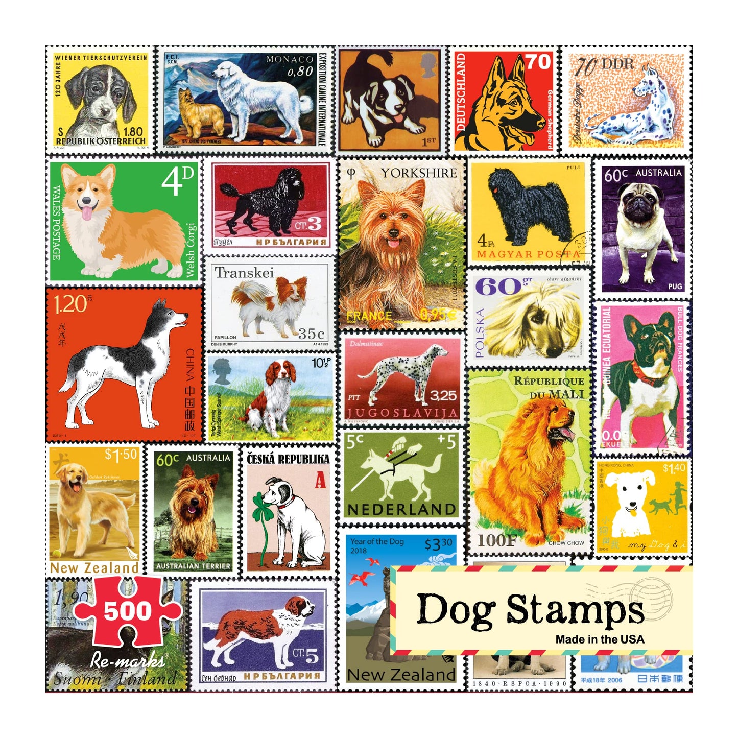 Re-marks Dog Postage-Stamp Collage Puzzle, 500-Piece Puzzle for All Ages