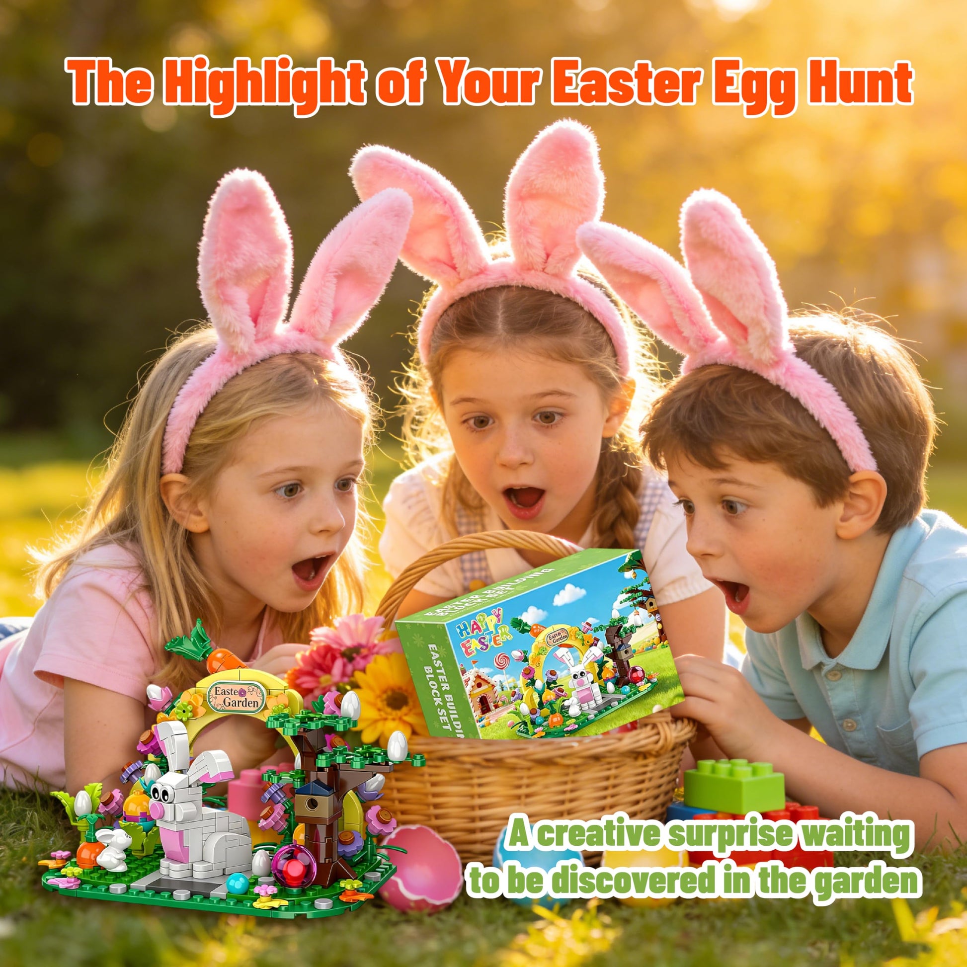 Easter Bunny Garden Building Set, 294 PCS Easter Basket Stuffers for Kids, Creative Flower House with Colorful Eggs & Carrot, STEM Spring Holiday Toys