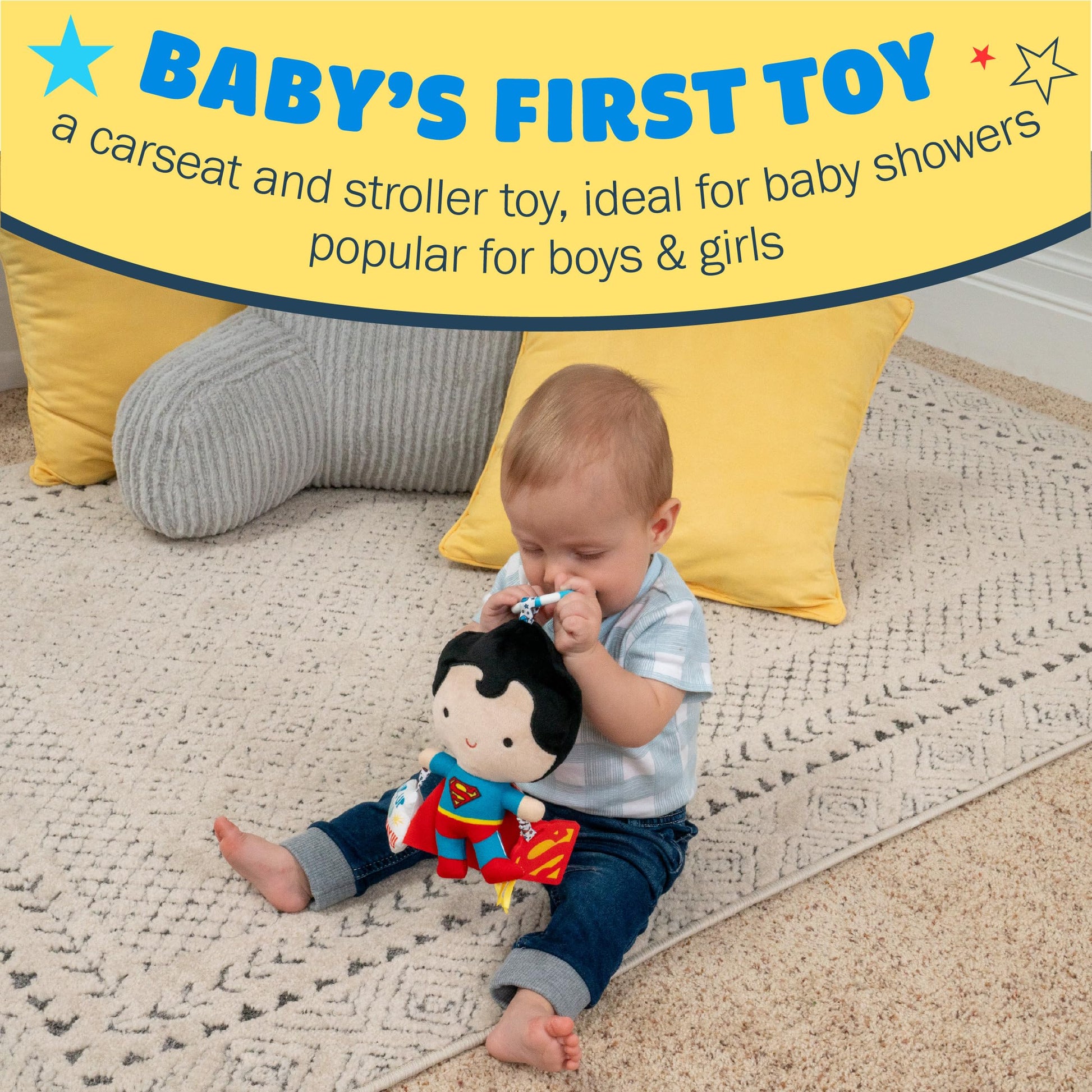 Kids Preferred DC Comics Superman Multi Sensory Activity Toy with Teethers, Crinkle Textures, and Clip for On The Go Fun for Infant and Baby Boys