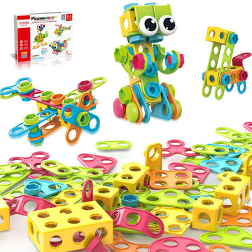 PicassoTiles 115 Piece Building Blocks Set Kids STEM Toy Construction Engineering Sensory Toys Kit Block Children Early Education Playset with FREE