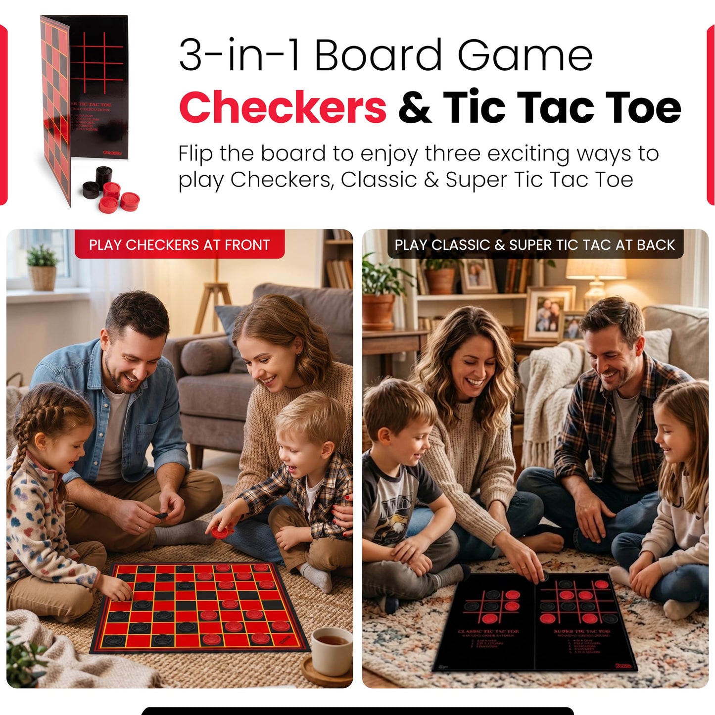 Kangaroo - Multiplayers Strategy Checker Board Game for Kids & Adults - Portable Educational Travel Cardboard Checkers - Includes Large Board w/ 24