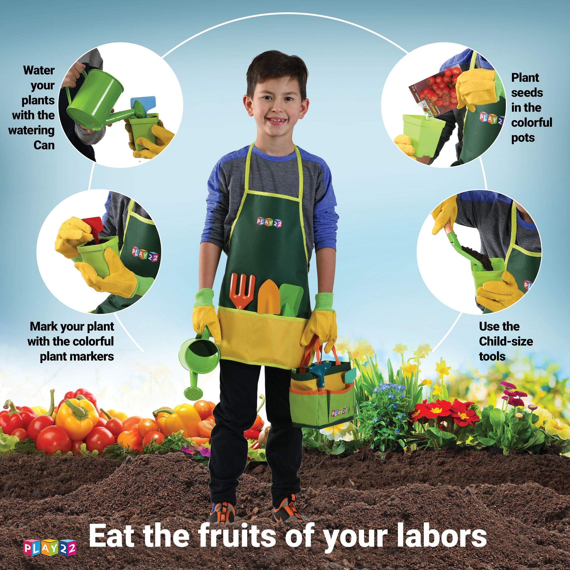 Play22 Kids Gardening Tool Set 12 PCS - Kids Gardening Tools Shovel Rake Fork Trowel Apron Gloves Watering Can and Tote Bag, Toddler Gardening Tools