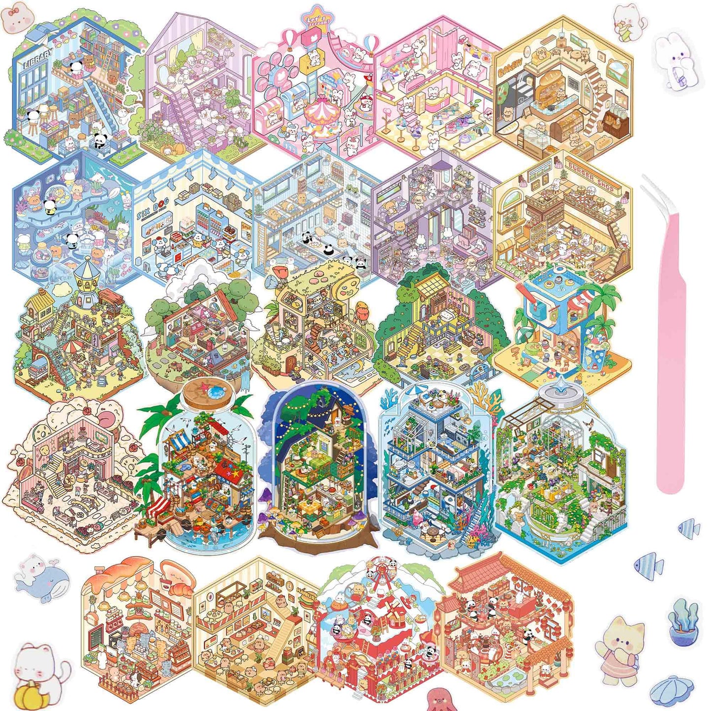 24 Sets 3D Sticker Scene, Sticker Therapy DIY, Kawaii 3D Stickers for Adults, Build Your Own Scene Stickers Collection Cozy Room Cute Miniature House