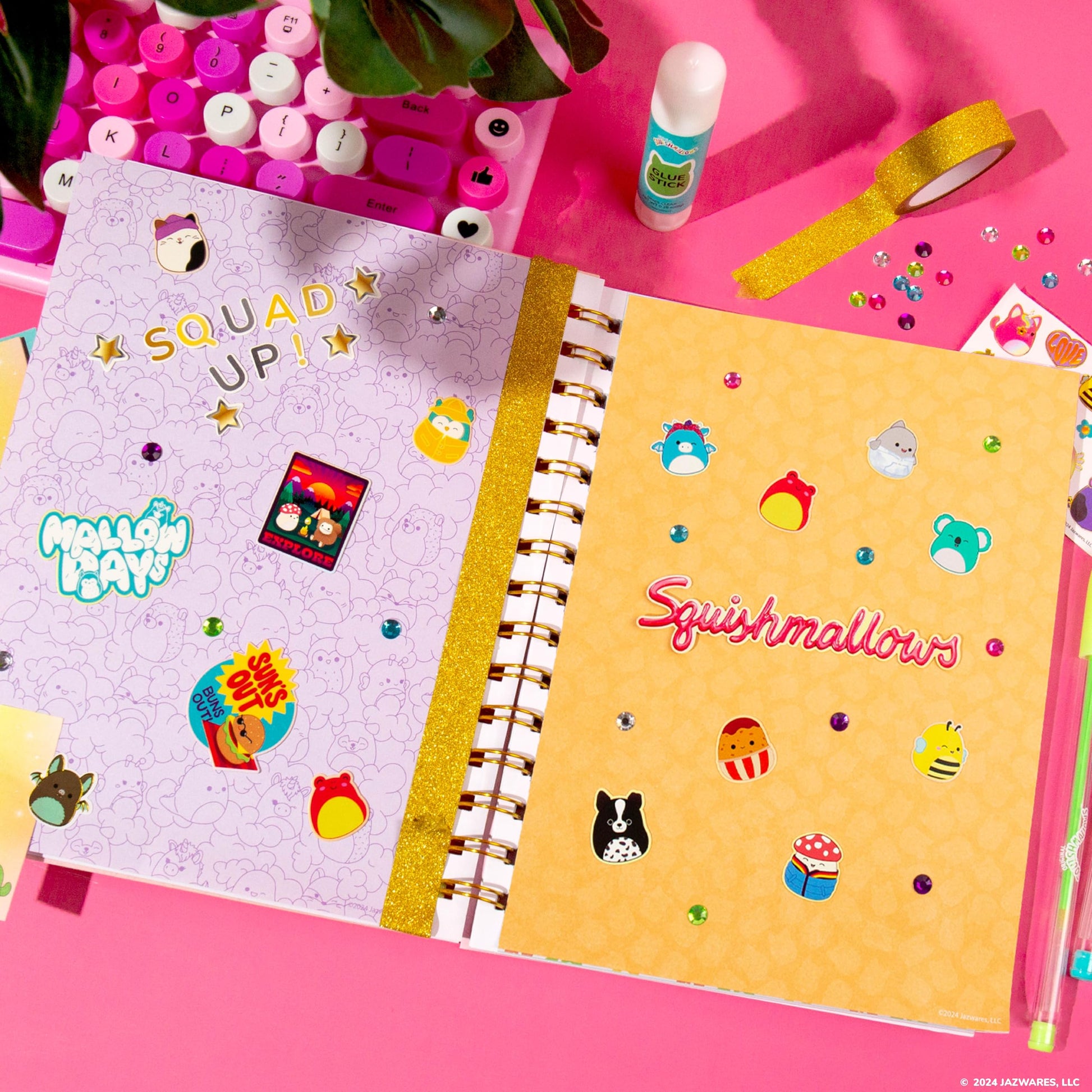 Squishmallows Original DIY Journaling Set, Journaling Kit with Gel Pens, Stickers, Sticky Notes, and Gems, Scrapbook for Kids, Cute Stationary Set,