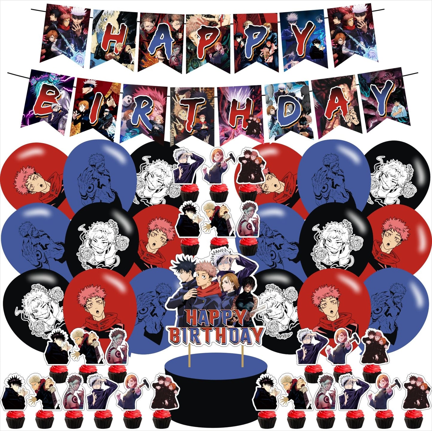 Jujutsu Manga Kaisen Birthday Party Supplies, including Cake Topper, Cupcake Toppers, Banner, Latex Balloons,It is Very Suitable for Boy's and Girl