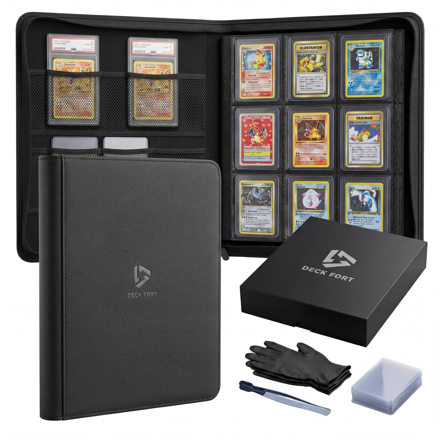 Deck Fort Toploader Binder 9 Pocket Holds 360 Toploaders - Collector Kit Gloves, Tweezers & Gift Box - Holder for 3x4 Top Loaders - Mesh Pocket for