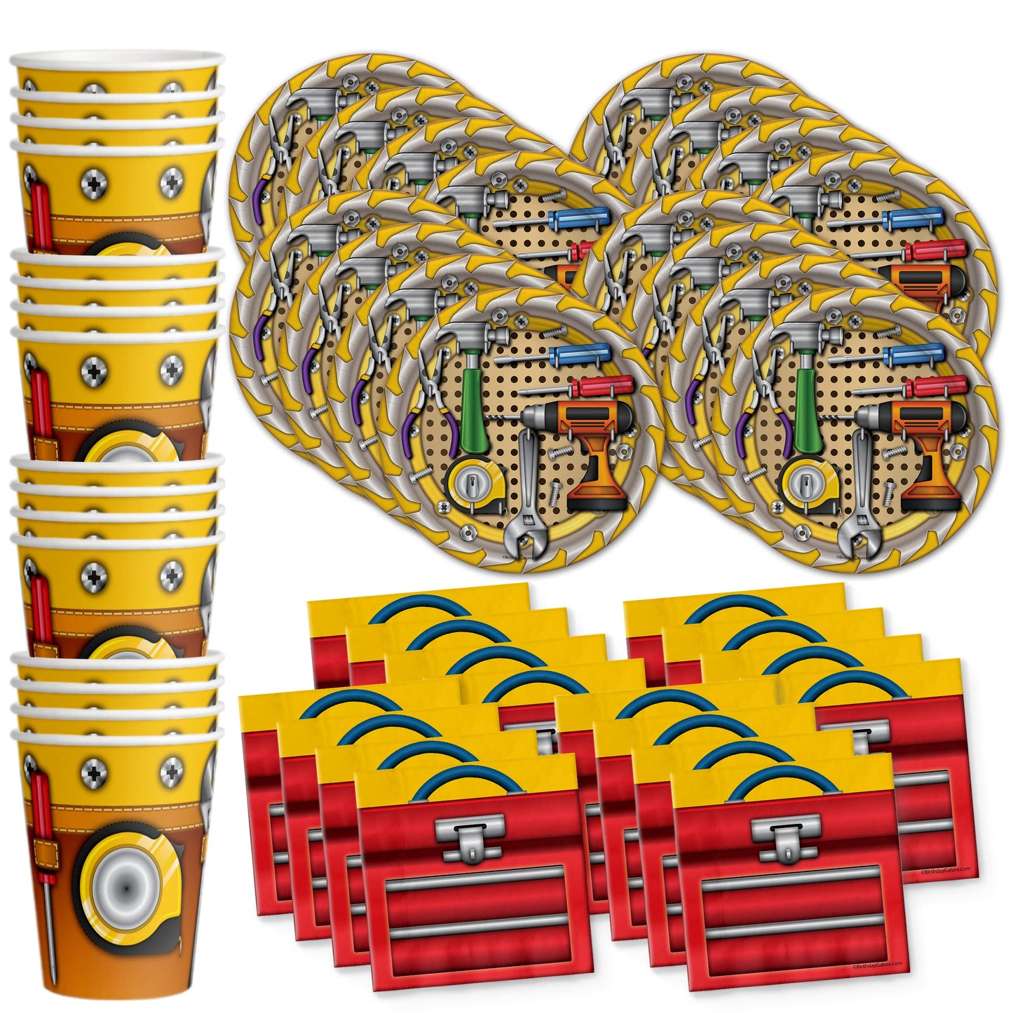 Handyman Birthday Party Supplies - Tool Party Supplies - Carpenter Birthday Party | Tableware Set Includes Plates, Napkins and Cups | Kit for 16