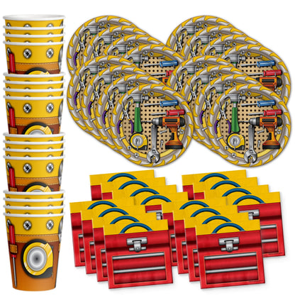 Handyman Birthday Party Supplies - Tool Party Supplies - Carpenter Birthday Party | Tableware Set Includes Plates, Napkins and Cups | Kit for 16
