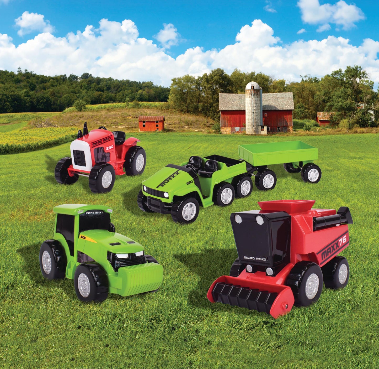Maxx Action Farm Construction 5pk Toy Truck Set, Includes Wagon, 6x6, Modern Tractor, Combine and Vintage Tractor Vehicles with Moving Parts, Cake