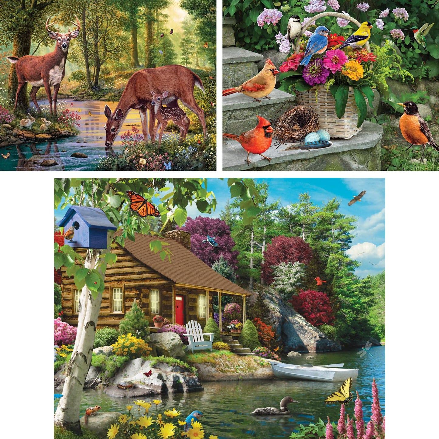 Bits and Pieces 3 Jigsaw Puzzle Set - 100 Piece Puzzles for Adults - Nature Scenes Set - 15" x 19" Jigsaw Puzzles - Birds Log Cabin Deer - Random Die