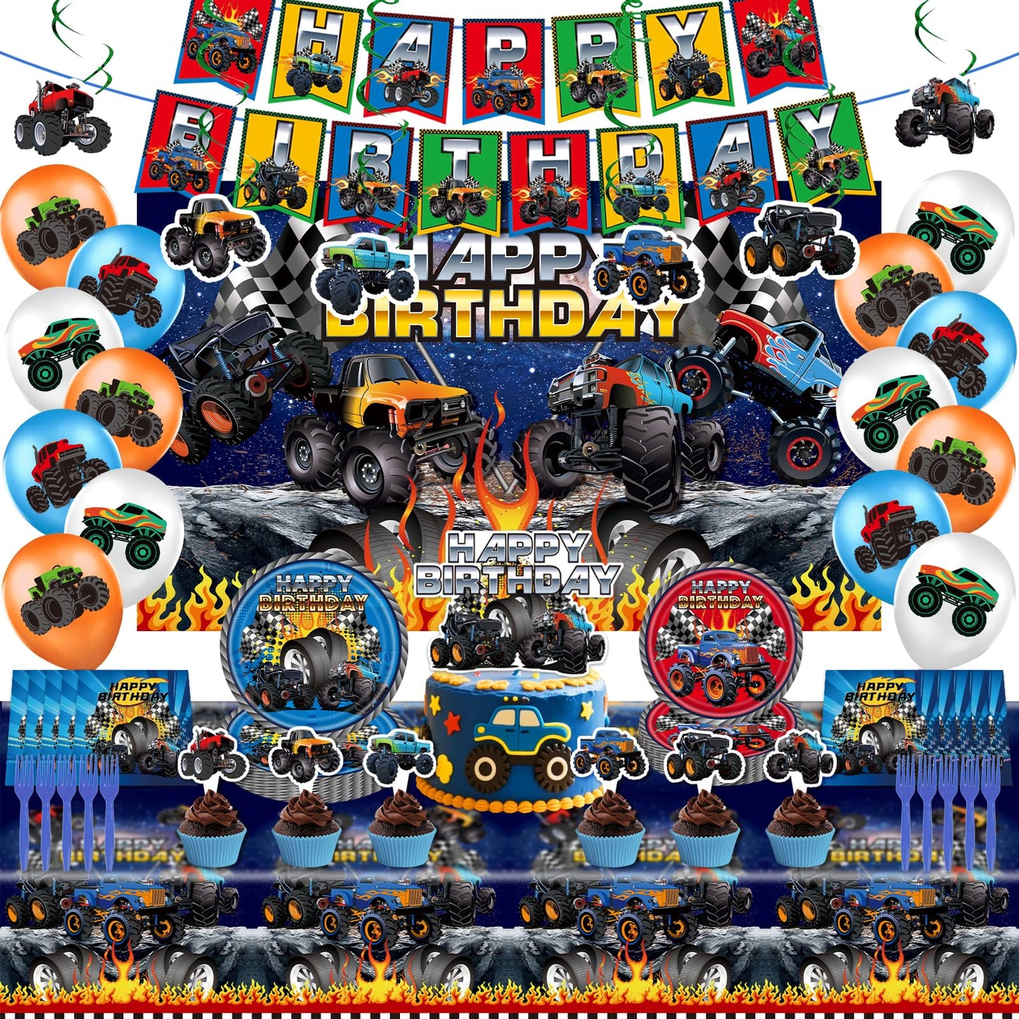 99Pcs Truck Birthday Party Supplies, Truck Theme Decorations&Tableware Set, Include Happy Birthday Banner, Hanging Swirls, Backdrop, Balloons, Cake