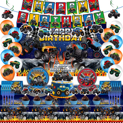 99Pcs Truck Birthday Party Supplies, Truck Theme Decorations&Tableware Set, Include Happy Birthday Banner, Hanging Swirls, Backdrop, Balloons, Cake