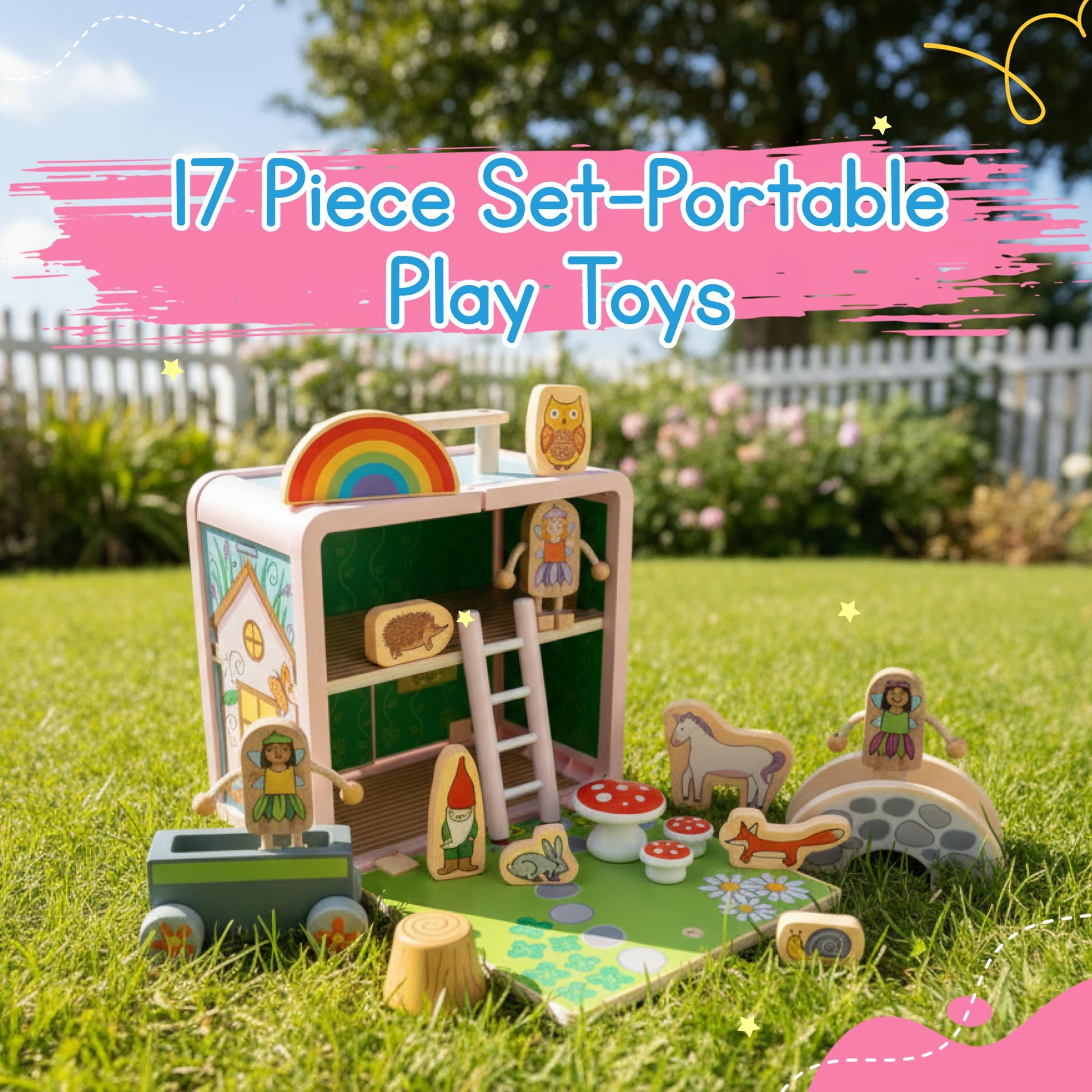 Jack Rabbit Creations Fairy Suitcase Playset - 17-Piece Dollhouse - Ages 3+