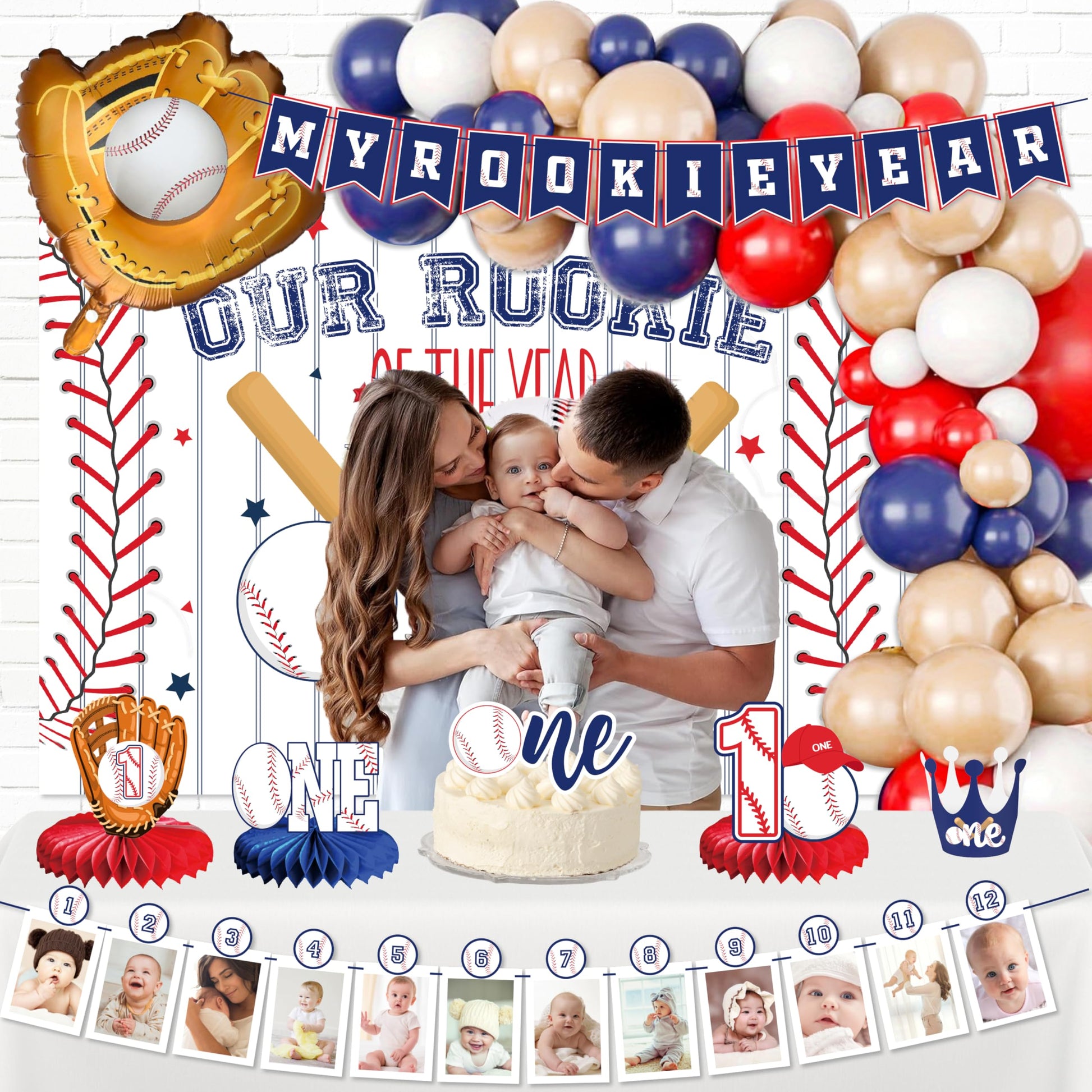Baseball 1st birthday party decorations boy, our rookie Backdrop,Baseball Balloon Arch,my rookie year banner,first birthday decorations for boy