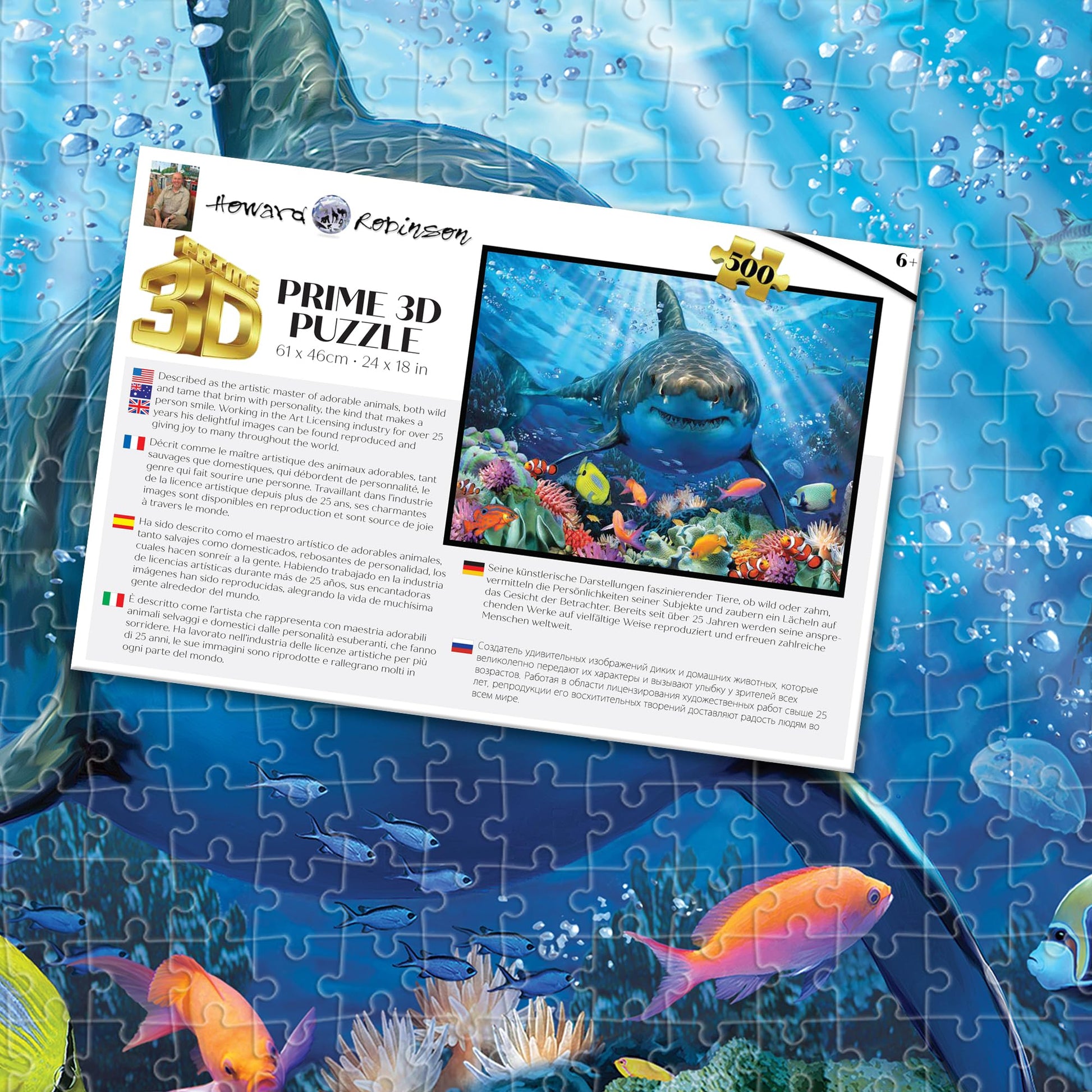 Prime 3D Great White Shark Puzzle - 500 Piece 3D Lenticular Ocean Jigsaw for Adults & Kids, 24"x18" Fun Activity with Depth, Howard Robinson Gift