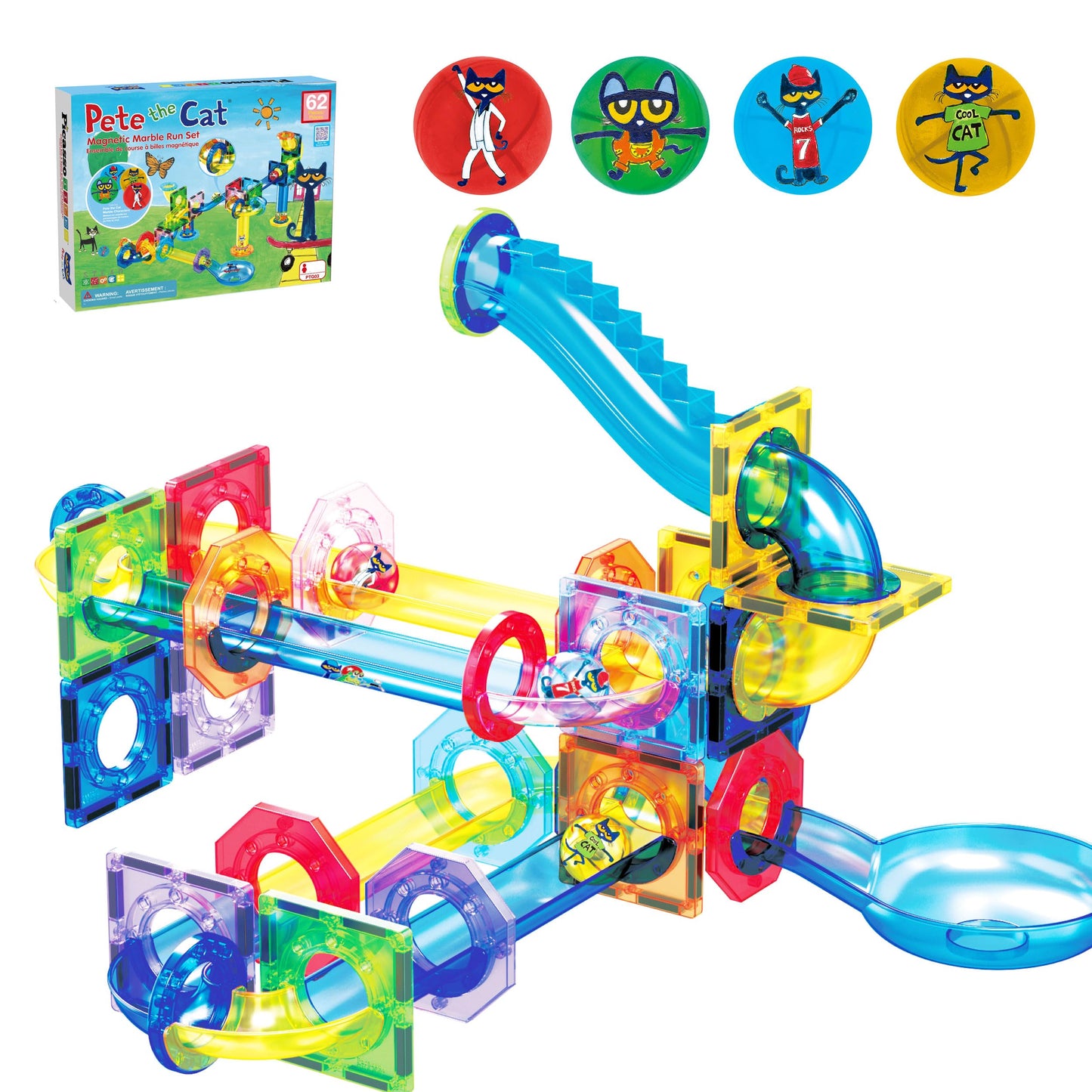 PicassoTiles 62pcs Magnetic Tile Pete the Cat Magnetic Marble Run Toy Set with Race Track Tubes Marbles and Stickers STEM Educational Construction