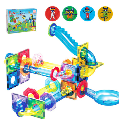 PicassoTiles 62pcs Magnetic Tile Pete the Cat Magnetic Marble Run Toy Set with Race Track Tubes Marbles and Stickers STEM Educational Construction