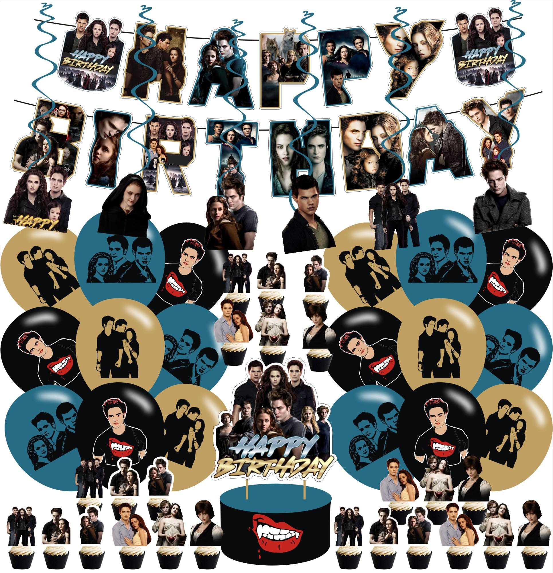 Vampire Party Decoration Include Twilight Saga Birthday Banner , Cake Topper Saga Party Latex Balloons,Swirls for Birthday Vampire Halloween Party