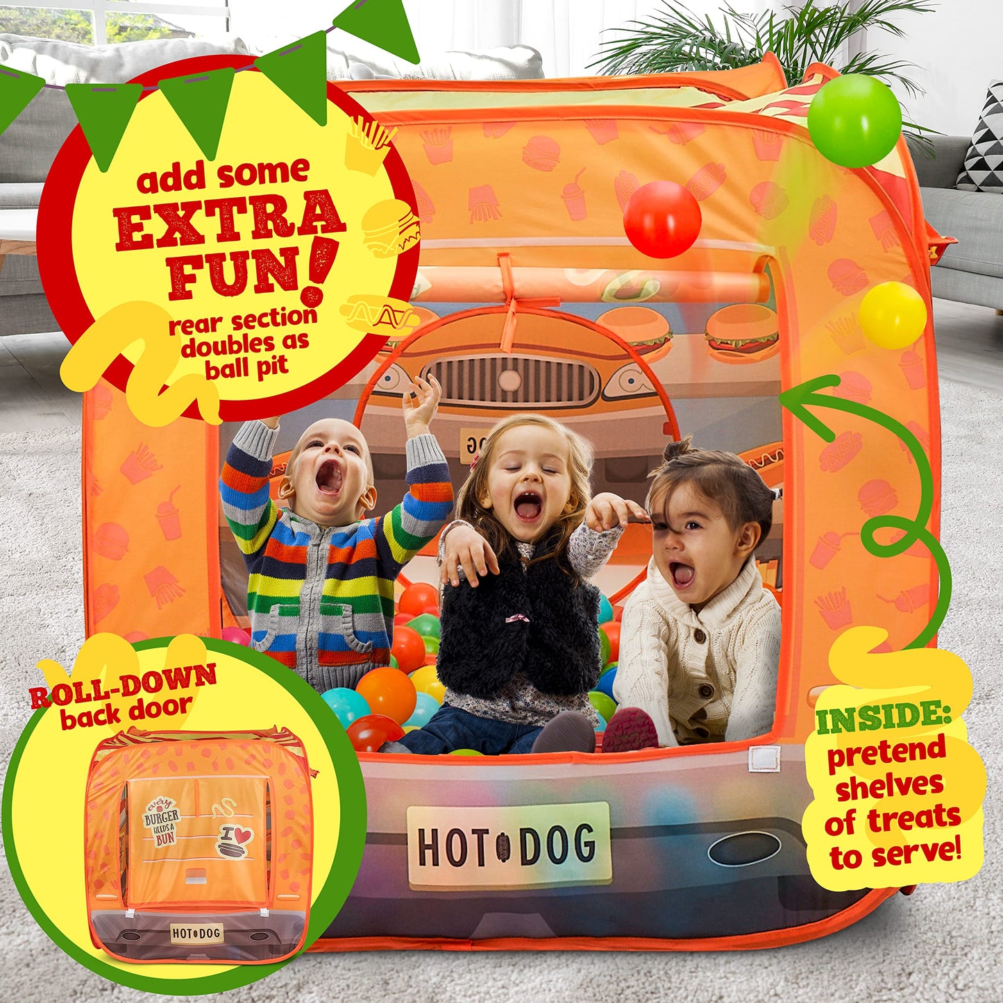 Kiddzery Food Truck Play Tent - 54 Pc. Food Set Pop Up Playhouse - Pretend Play Toys for Toddlers - Ball Pit Playset - Indoor & Outdoor Toy Tents
