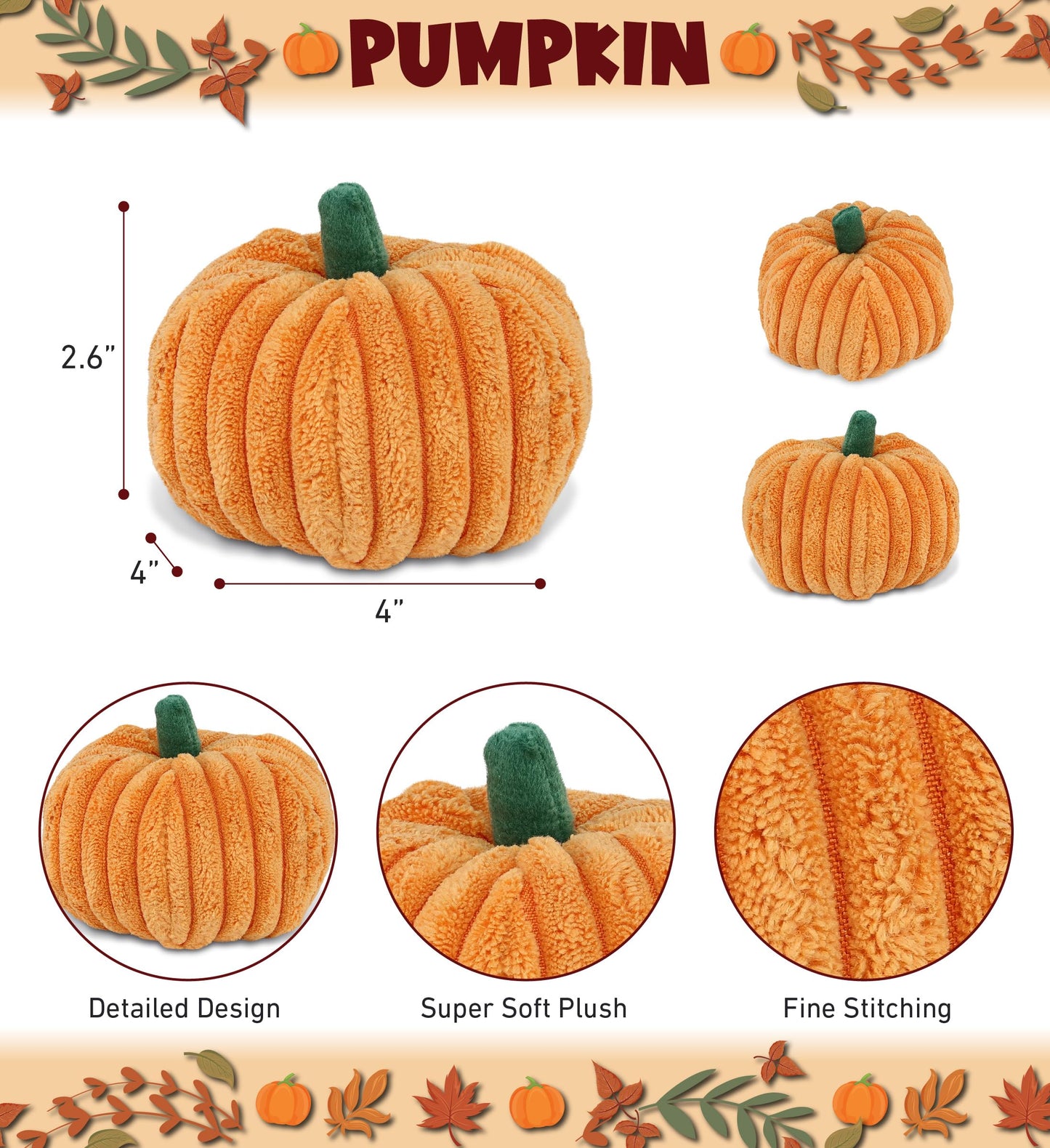 DolliBu Large Pumpkin Plush - Spooky Plush Pumpkin Toy for Teddy Bear Stuffed Animal, Cute Halloween Decor, Party Favor and Crafts, Thanksgiving Mini
