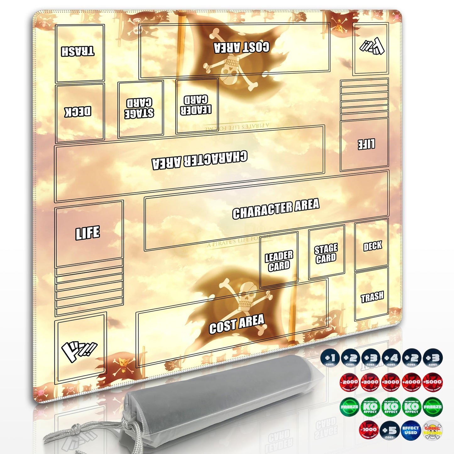 Cylvenor for one piece TCG playmat - 24x24 inches Rubber Battle mat for 2-Player Card Games with Marked Areas, 20 Acrylic counters and Storage Bag