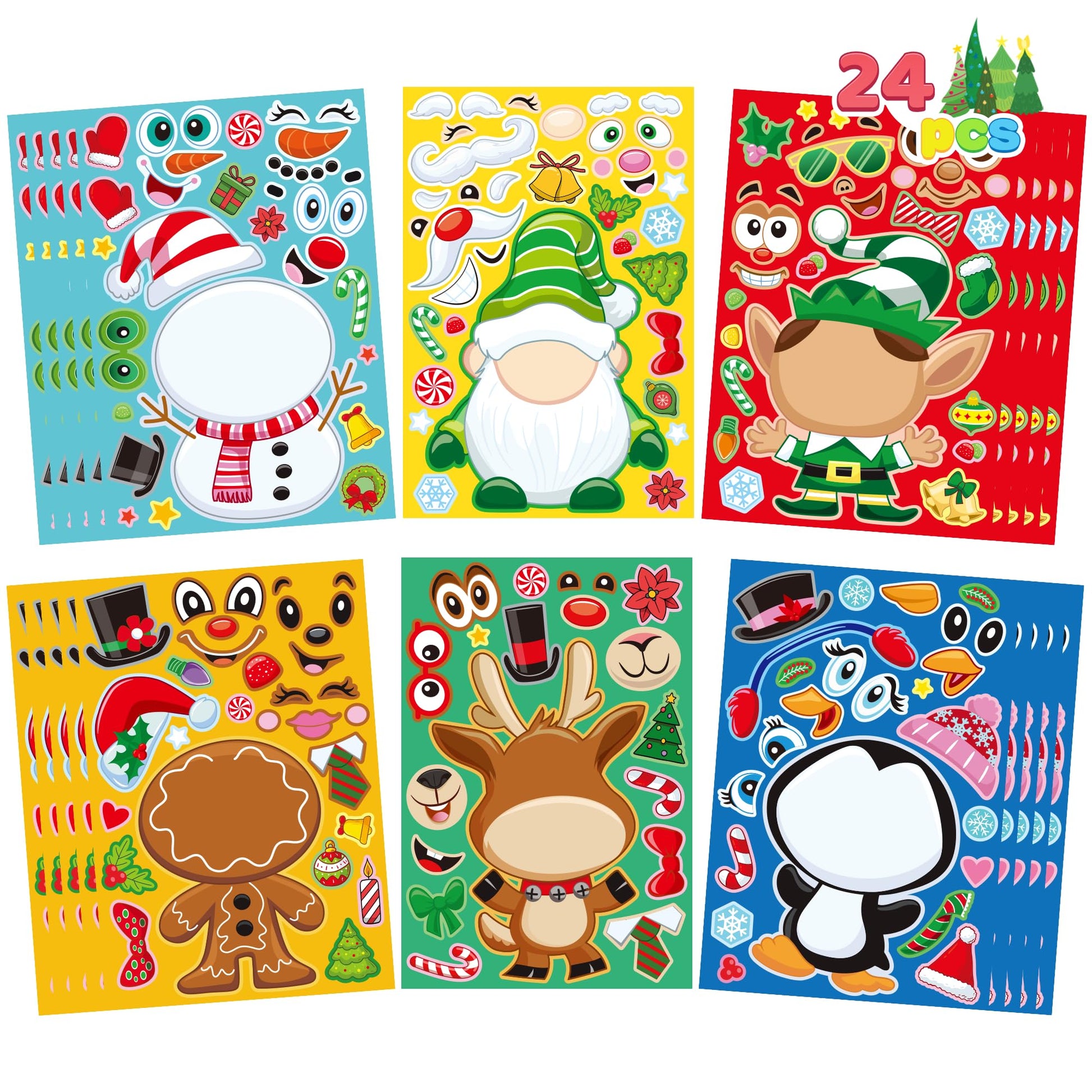 JOYIN 24 Pcs Christmas Make-a-face Stickers, Make Your Own Characters Mix and Match Sticker Sheets with Santa Claus, Snowman, Reindeer, Elf for Kids