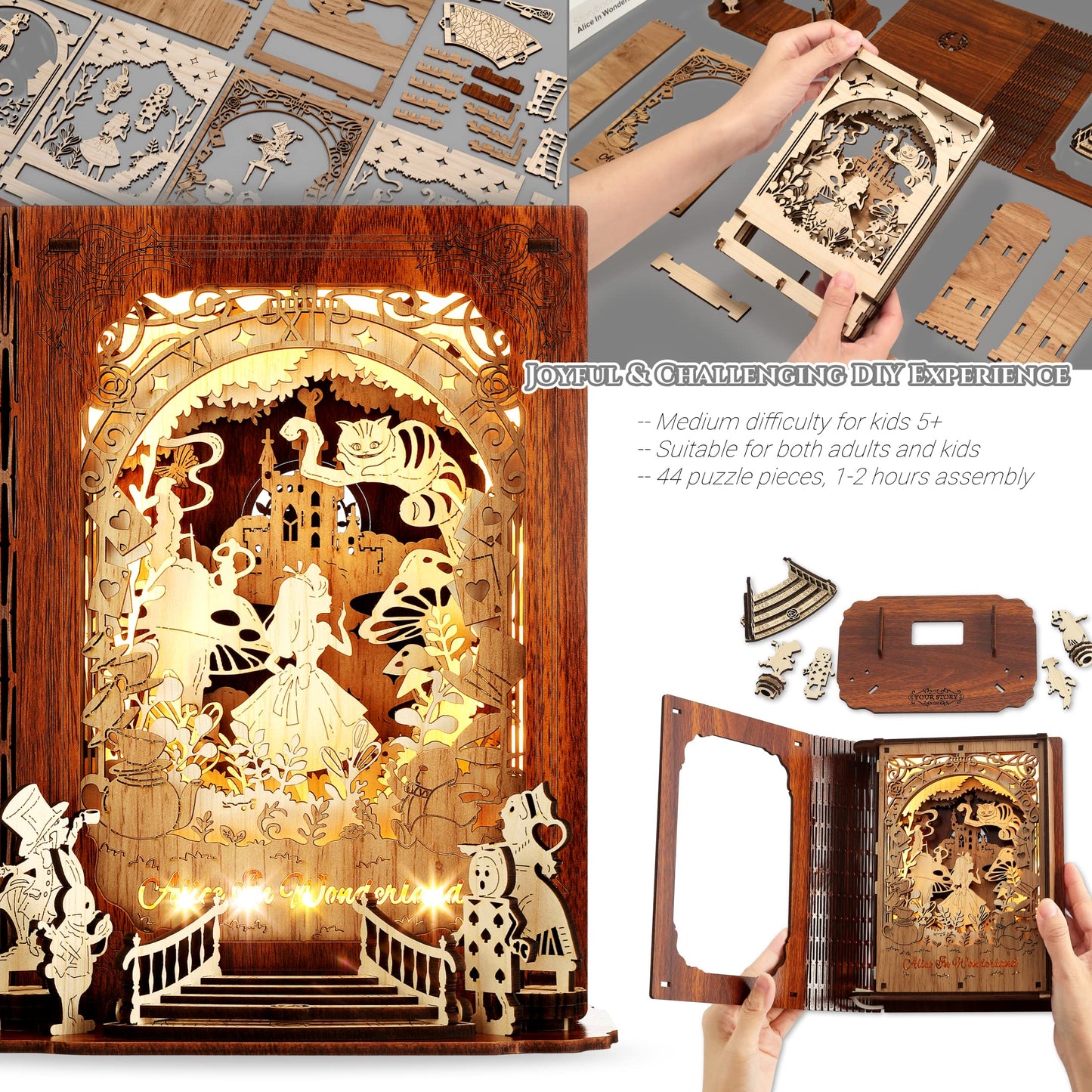 FUNPOLA Alice in Wonderland 3D Puzzle Nightlight - DIY 3D LED Book Lamp - 3D Wood Puzzles Décor Lamp for Adults