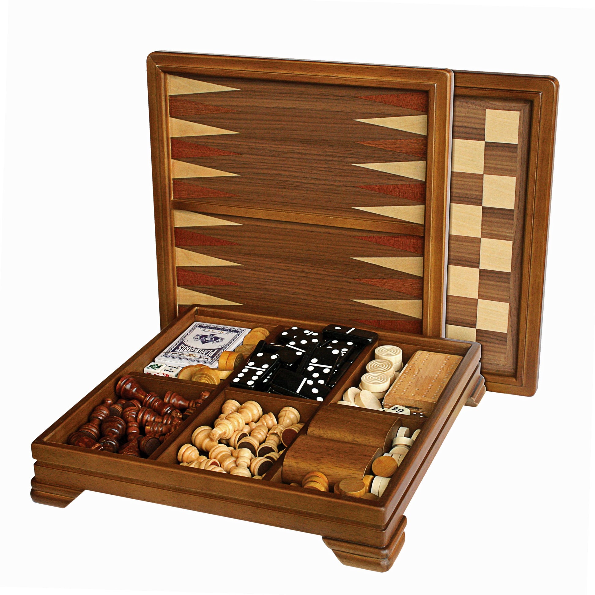 WE Games Walnut 7-Games-in-1 Combination Game Set - Includes Chess, Checkers, Backgammon, Dominoes, Cribbage, Poker, Dice and Cards