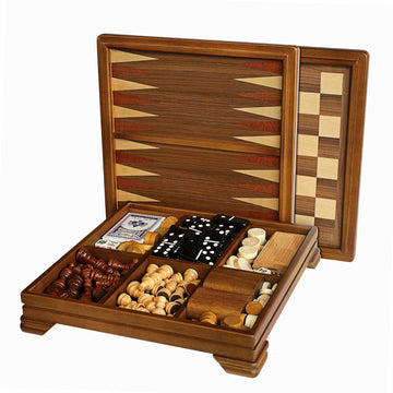 WE Games Walnut 7-Games-in-1 Combination Game Set - Includes Chess, Checkers, Backgammon, Dominoes, Cribbage, Poker, Dice and Cards