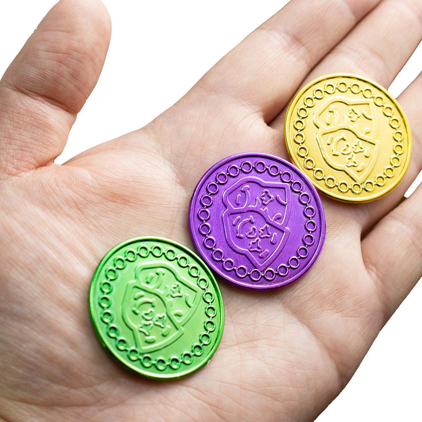 GiftExpress 144PC Mardi Gras Plastic Coins Assorted Metallic Gold Green Purple Mardi Gras Coins Bulk for Mardi Gras Parade, Party Favors