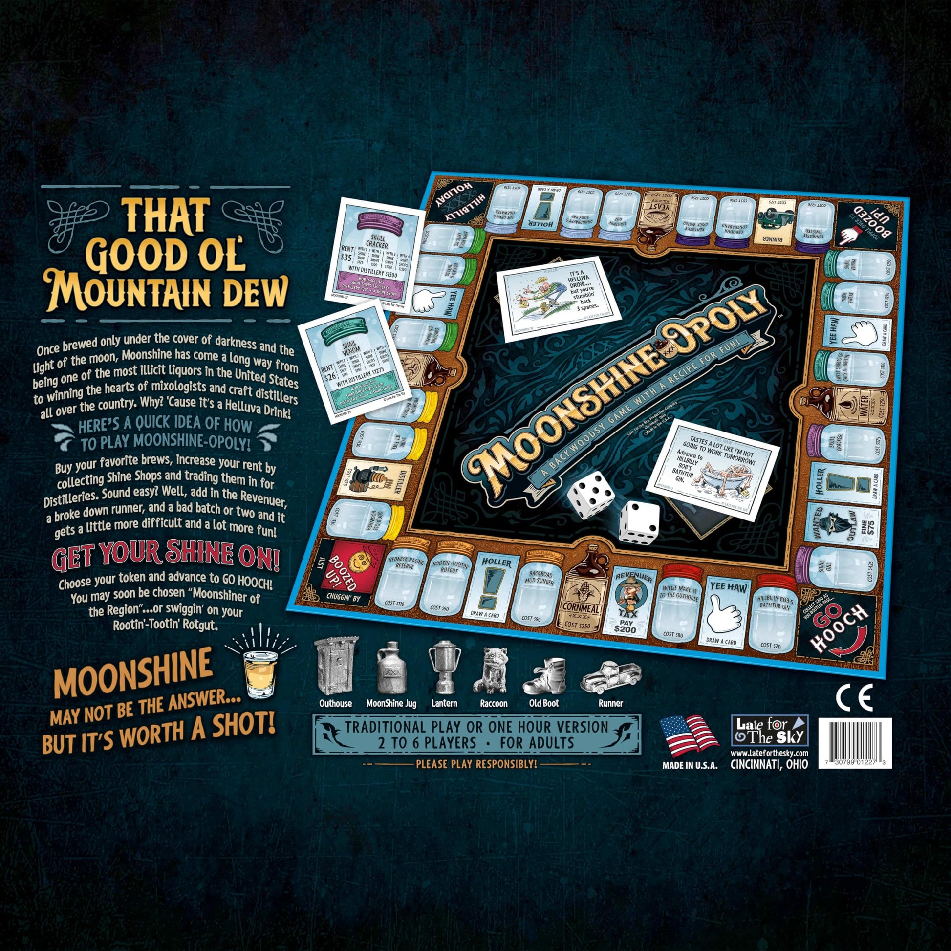 Late for The Sky Moonshine-OPOLY Board Game for Adults, Party Property Trading Game, 2-6 Players, Opoly Drinking Theme, Fast 1-Hour or Classic Play