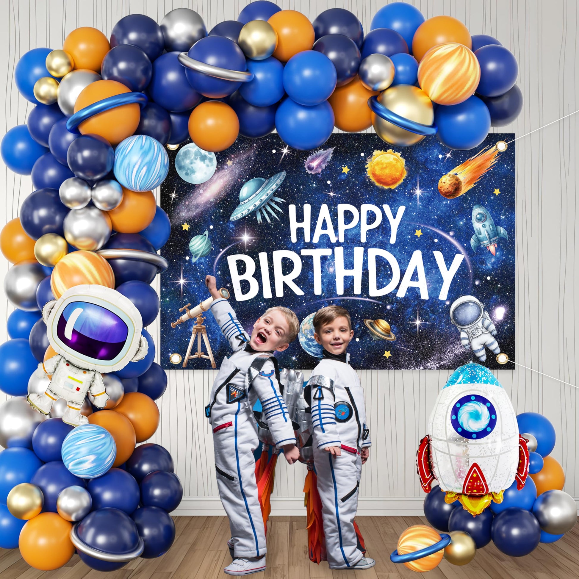 Outer Space Birthday Decorations for Boys,Party Decor Supplies Boy Including Happy Birthday Backdrop,Rocket Balloons Astronaut Foil Balloon