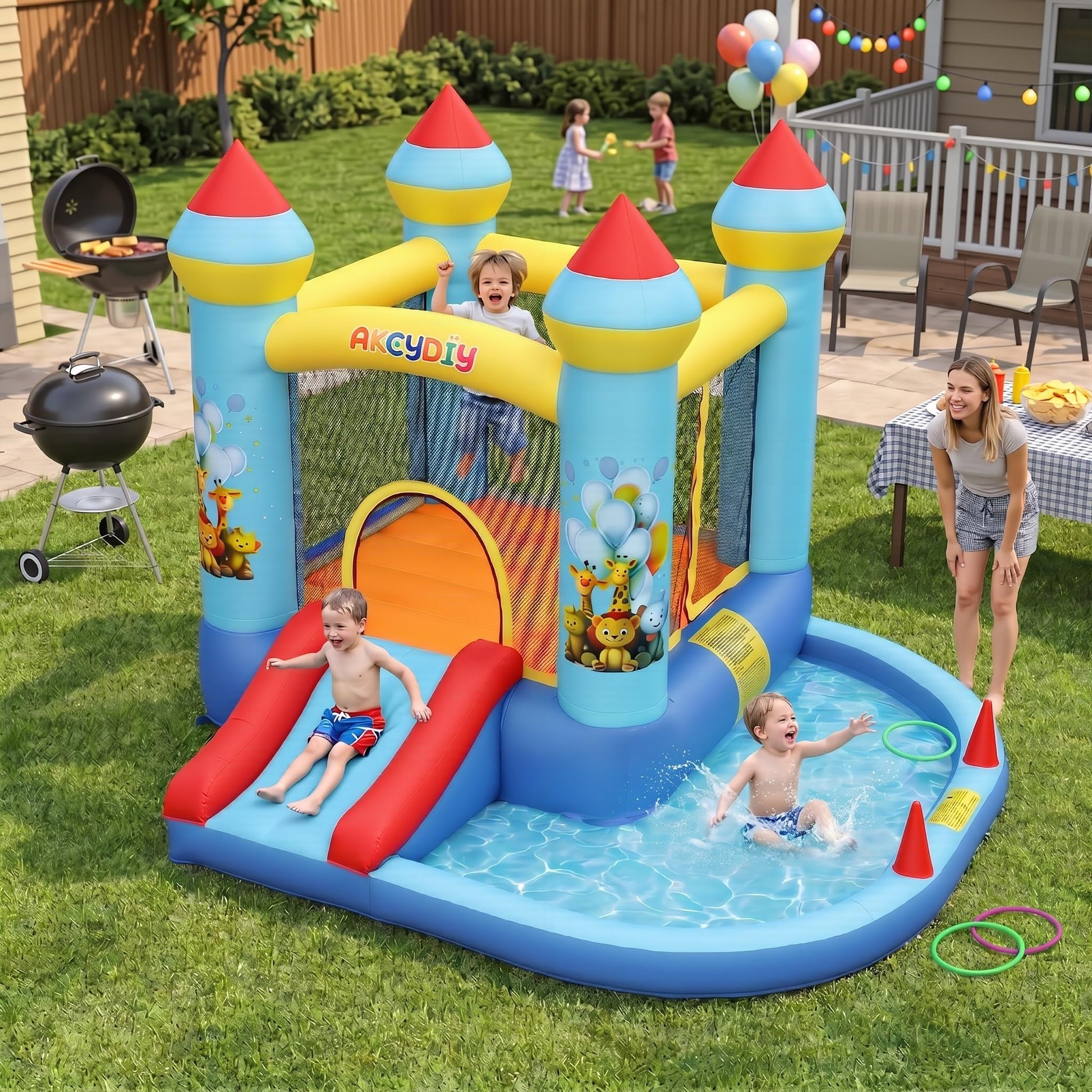 AKEYDIY Bouncy House for Kids, 5-in-1 Inflatable Bouncer with Slide, Ball Pit & Ring Toss, Heavy Duty Oxford Jumping Castle for Backyard Outdoor