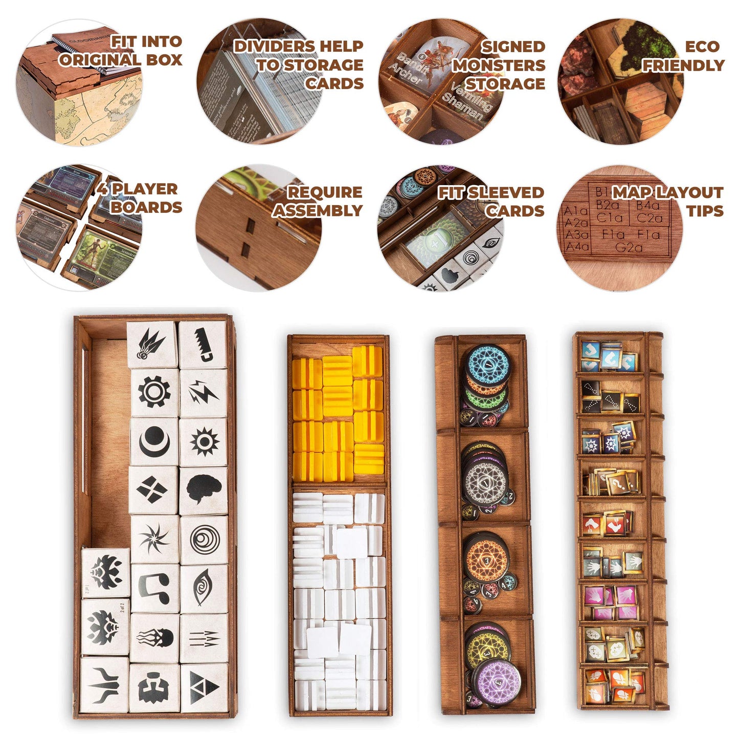 SMONEX Wooden Organizer and Four Player Boards Compatible with Gloomhaven Board Game - Box Suitable for Storage All Gloomhaven Expansions - Insert