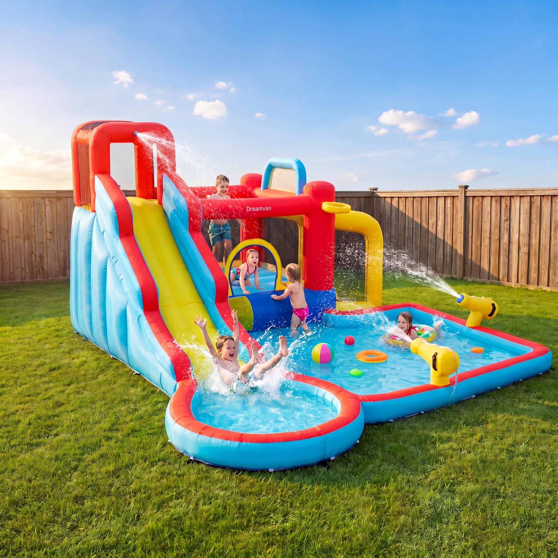 WHUBEFY Bounce House,Inflatable Water Slide Bounce Castle with Blower for Kids 3-12,Outdoor/Indoor Bouncy House Water Park for Backyard with 2 Splash
