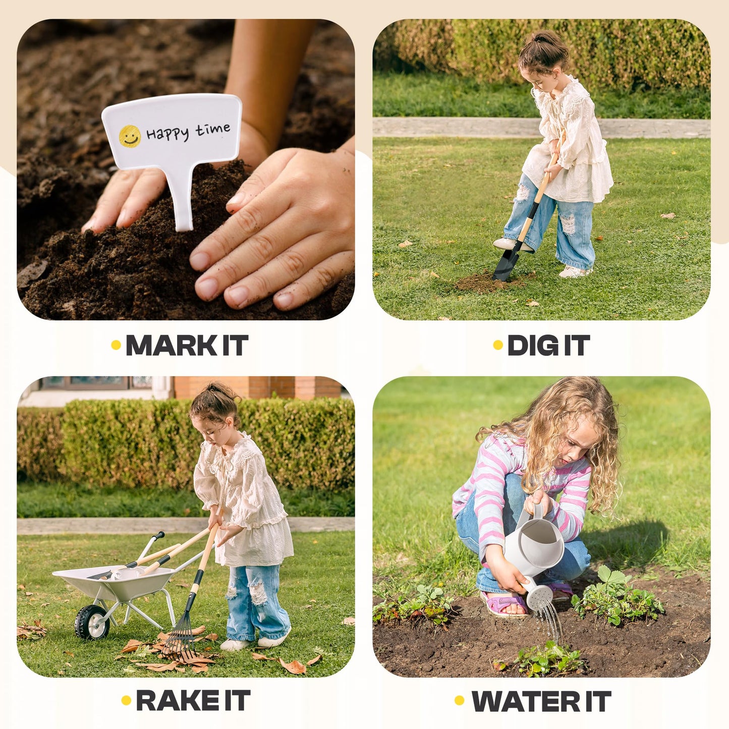 ROBOTIME Kids Wheelbarrow with Gardening Set - Metal Wheelbarrow Toddler Outdoor Play Toy with Garden Tools, Watering Can & Plant Labels, Pretend Play
